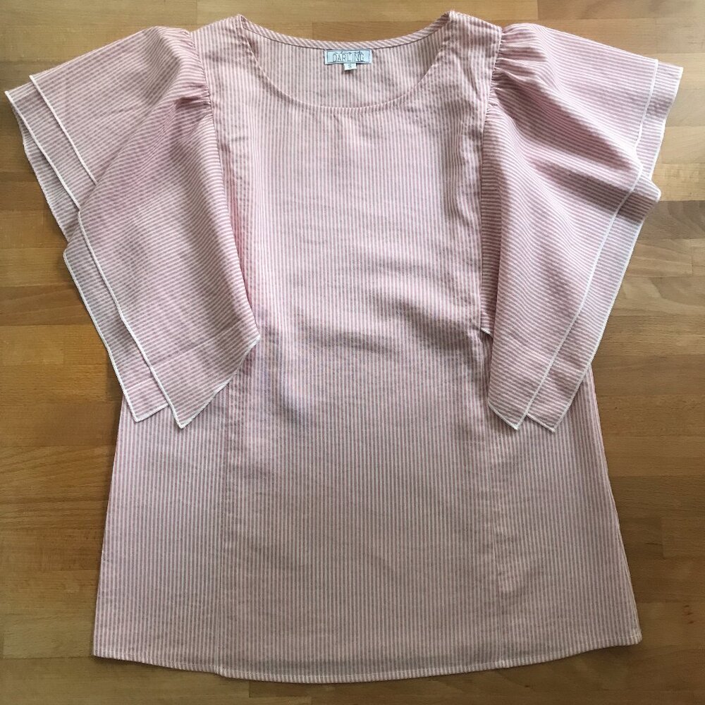 A Dip Of Darling Striped Blouse with Ruffled Flutter Sleeves Cotton S
